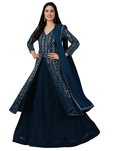 TRENDMALLS Damen Georgette Anarkali Front Schlitz Kurta Lehenga Anzug Set, Blaugrün, Blau, Medium von TRENDMALLS