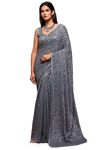 TRENDMALLS Damen Georgette Schwere Pailletten Arbeit Schwere Saree mit Bluse (Latest-Sequins-Party-Saree), GRAU, Einheitsgröße von TRENDMALLS