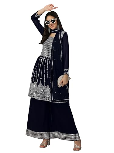 TRENDMALLS Damen Georgette Stickerei Kurta Sharara Indischen Pakistanischen Stil Kurtis Tunika für Frauen, Blau, Small von TRENDMALLS