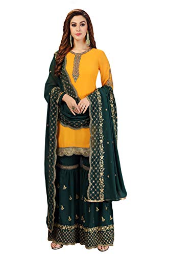 TRENDMALLS Damen Georgette-Stickerei Kurta Sharara Indianisches Pakistanisches Ethno-Kleid, Gelb, Grün, Medium von TRENDMALLS