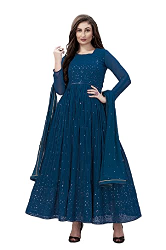 TRENDMALLS Damen Georgette-Stickerei Partywear indisches Anarkali-Anzug-Set, Blaugrün, Blau, X-Large von TRENDMALLS