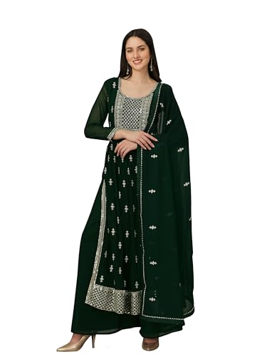 TRENDMALLS Damen Georgette Stickerei Salwar Anzug Set Kurta Palazzo mit Dupatta Green Nyra Schnitt, Grün , Small von TRENDMALLS