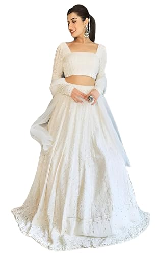 TRENDMALLS Damen Georgette Stickerei Sequenz Arbeit Hochzeit Lehenga Choli mit Dupatta Ready To Wear, Weiss/opulenter Garten, Large von TRENDMALLS