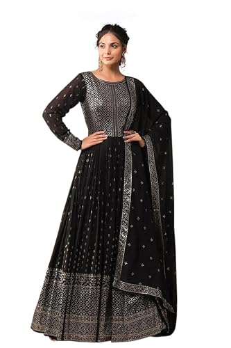 TRENDMALLS Damen Georgette Stickerei Sequenz Arbeit Salwar Anzug Set Anarkali Kurta Hose mit Dupatta, Schwarz, X-Large von TRENDMALLS