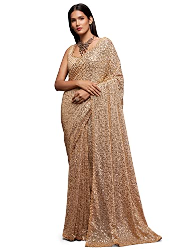 TRENDMALLS Damen Georgette Heavy Pailletten Arbeit Schwerer Sari mit Bluse (Neueste Sequins-Party-Saree), Beige, EinheitsgröÃŸe von TRENDMALLS