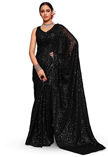 TRENDMALLS Damen Heavy Georgette Pailletten Arbeit Heavy Sari mit Bluse, Schwarz, Einheitsgröße von TRENDMALLS