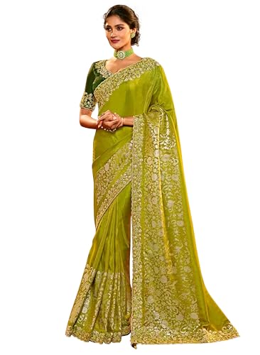 TRENDMALLS Damen Jacquard Seide Stickerei Arbeit Sari mit ungesäumtem Blusenteil (K1064-Grün), Grün, Einheitsgröße von TRENDMALLS