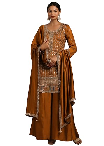 TRENDMALLS Damen Seidenmischung Stickerei Anarkali Kurta Hose Set mit Dupatta Salwar Anzug Set für Frauen, Senf, Small von TRENDMALLS
