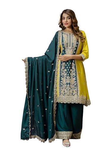 TRENDMALLS Damen Kunst Seide Pailletten Stickerei Salwar Anzug Set Kurta Sharara mit Dupatta Kurta Palazzo Set, gelb, Large von TRENDMALLS
