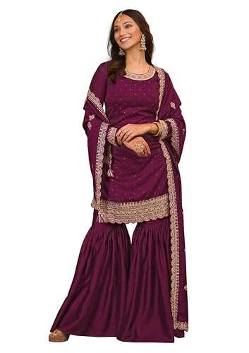 TRENDMALLS Damen Kunst Seide Stickerei Kurta Sharara Set mit Dupatta, Violett, Medium von TRENDMALLS