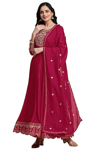 TRENDMALLS Damen Kunst Seide Stickerei Salwar Anzug Set A Linie Plissee Kurta Hose mit Dupatta, rose, L von TRENDMALLS