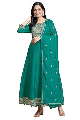 TRENDMALLS Damen Kunst Seide Stickerei Salwar Anzug Set A Linie Plissee Kurta Hose mit Dupatta, türkis, S von TRENDMALLS
