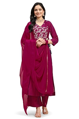 TRENDMALLS Damen Leeva Seide Stickerei Salwar Anzug Set Angarkha Kurta Palazzo mit Dupatta Lila Kurta Set für Frauen, violett, 38 von TRENDMALLS