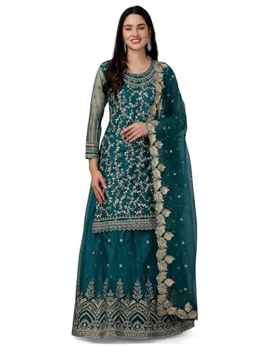 TRENDMALLS Damen Netz Stickerei Salwar Anzug Set Kurta Lehenga mit Dupatta Maroon Kurta Set für Frauen, Blaugrün, 38 von TRENDMALLS