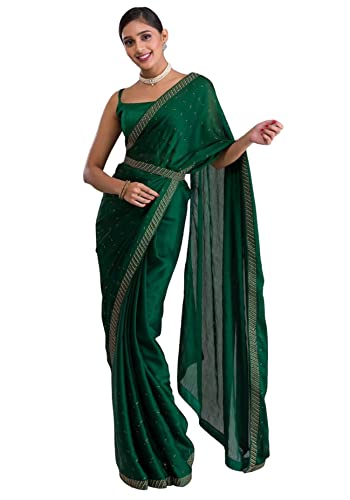 TRENDMALLS Damen Moss Chiffon Siroski Arbeit Sari mit Gürtel Ungenähte Bluse Stück, Dunkelgrün, Einheitsgröße von TRENDMALLS