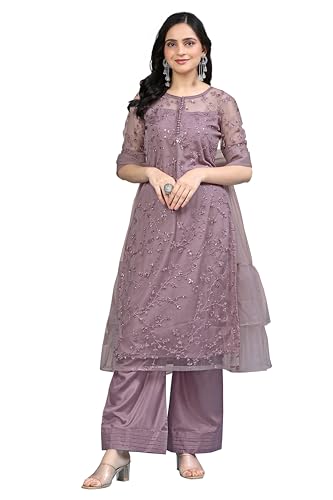 TRENDMALLS Damen Netz Stickerei Pailletten Arbeit Kurta Palazzo Set mit Dupatta Kurta Set für Frauen, Violett, X-Large von TRENDMALLS