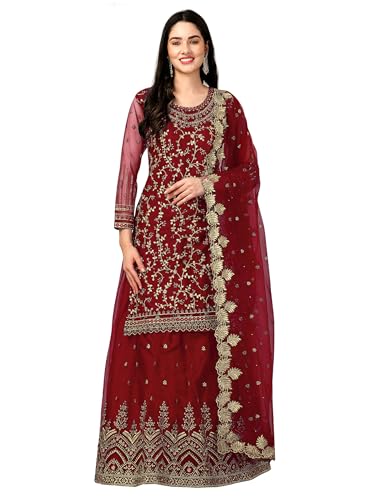 TRENDMALLS Damen Netz Stickerei Salwar Anzug Set Kurta Lehenga mit Dupatta Kurta Set für Frauen, Kastanienbraun, XXL von TRENDMALLS