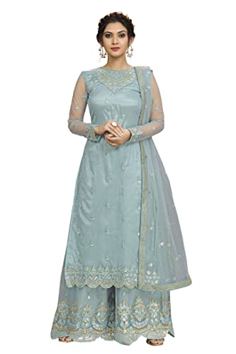 TRENDMALLS Damen Netz Stickerei Sharara Anzug Set Indisch Pakistanisch Hochzeit Ethno, Himmelblau, X-Large von TRENDMALLS