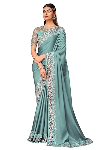 TRENDMALLS Damen-Sari aus Seide bestickt mit schwerer Bordüre und ungesäumten Designerblusen für Frauen, GRAU, Einheitsgröße TRENDMALLS Damen-Sari aus Seide bestickt mit schwerer Bordüre und ungesäumten Designerblusen für Frauen, GRAU, Einheitsgröße von TRENDMALLS