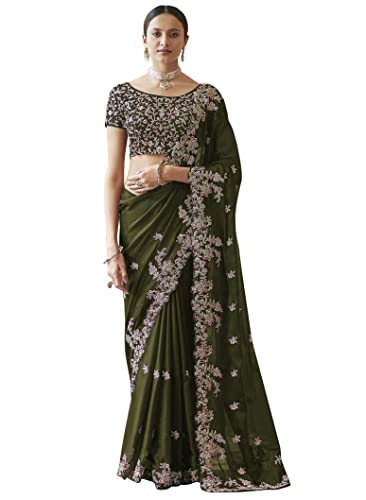 TRENDMALLS Damen Rangoli Silk Heavy Embroidred Sari mit Ungenähtem Blusenteil, Mehndi Green, Einheitsgröße, Mehndi Green, EinheitsgröÃŸe von TRENDMALLS