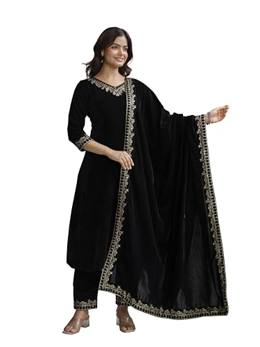 TRENDMALLS Damen Samt Stickerei Salwar Anzug Set A Linie Kurta Hose mit Dupatta Schwarz Kurta Set für Frauen, Schwarz , M von TRENDMALLS