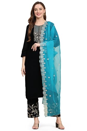 TRENDMALLS Damen Samt Stickerei Salwar Anzug Set Kurta Hose mit Dupatta, Blaugrün, XXL von TRENDMALLS