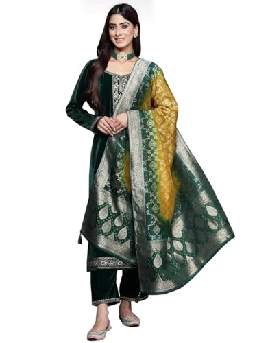 TRENDMALLS Damen Samt Stickerei Salwar Anzug Set Kurta Hose mit Dupatta Green Kurta Set für Frauen, Grün , X-Large von TRENDMALLS