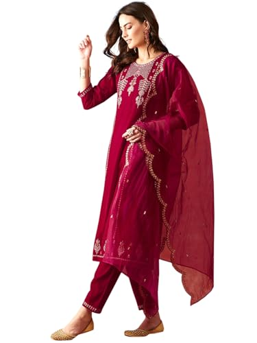 TRENDMALLS Damen Samt Stickerei Salwar Anzug Set Kurta Hose mit Dupatta Pink Kurta Set für Frauen, rose, 50 von TRENDMALLS