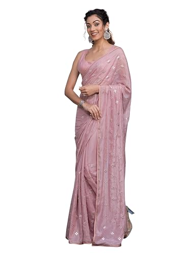 TRENDMALLS Damen Satin Siroski mit Stickerei Butti Arbeit Sari mit Bluse, Hellrosa, Einheitsgröße von TRENDMALLS