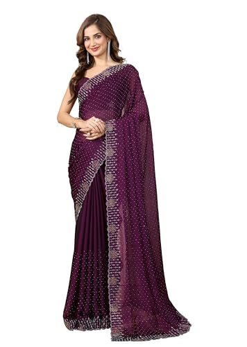 TRENDMALLS Damen Seidenmischung Siroski Arbeit mit Sari Unstitch Bluse Stück (K1155-Lila), Violett, Einheitsgröße von TRENDMALLS