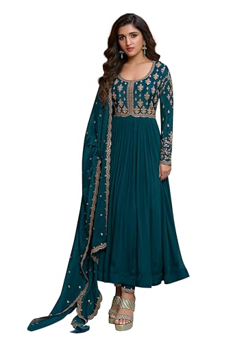 TRENDMALLS Damen Seidenmischung Stickerei Anarkali Kurta Hose Set mit Dupatta Salwar Anzug Set für Frauen, blaugrün, M von TRENDMALLS