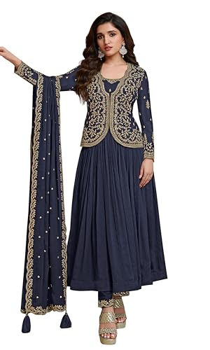 TRENDMALLS Damen Seidenmischung Stickerei Shrug Plissee Kurta Hose Set mit Dupatta, Blau, Medium von TRENDMALLS