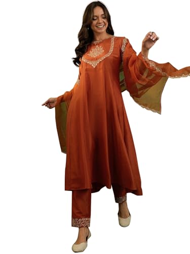 TRENDMALLS Damen Seidenstickerei A-Linie Kurta Hose Set mit Dupatta, Orange/Abendrot im Zickzackmuster (Sunset Chevron), X-Large von TRENDMALLS