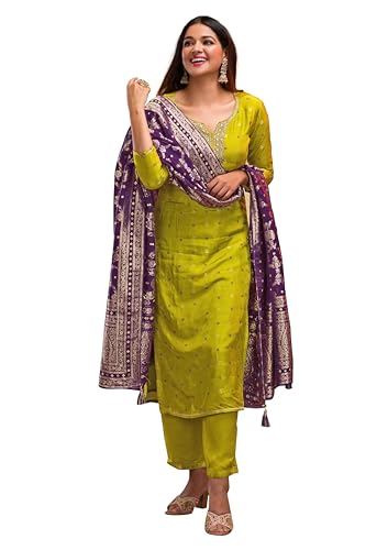 TRENDMALLS Damen Seidenstickerei Kurta Hose Set mit Banarasi Dupatta, Grün , XX-Large von TRENDMALLS