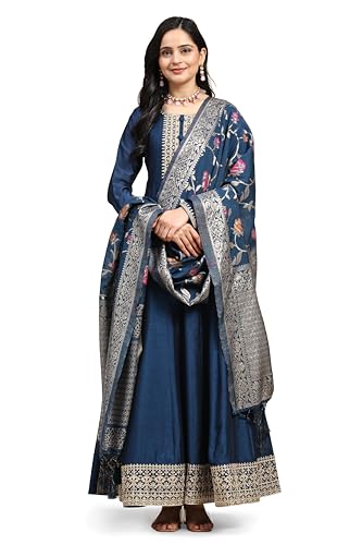 TRENDMALLS Damen Vichitra Silk Anarkali Anzug Set mit Jacquard Dupatta, Blaugrün, Blau, XXX-Large von TRENDMALLS