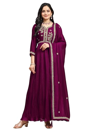 TRENDMALLS Damen Vichitra Seide Stickerei Salwar Anzug Set Anarkali Kurta Set mit Dupatta, Violett, Large von TRENDMALLS