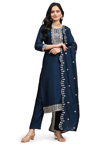 TRENDMALLS Damen Vichitra Seide Stickerei Salwar Anzug Set Kurta Hose mit Dupatta, Blaugrün, Blau, X-Large von TRENDMALLS