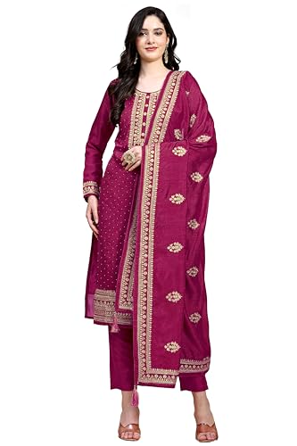 TRENDMALLS Damen Vichitra Seide Stickerei Salwar Anzug Set Kurta Hose mit Dupatta (G142-Pink-S), Pink, S von TRENDMALLS