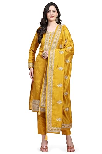 TRENDMALLS Damen Vichitra Seide Stickerei Salwar Anzug Set Kurta Hose mit Dupatta Gelb Kurta Set für Frauen, Gelb, 3XL von TRENDMALLS