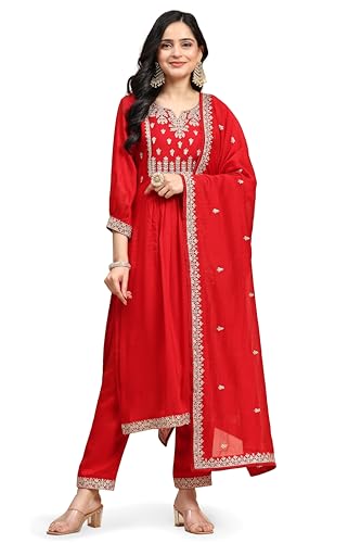 TRENDMALLS Damen Vichitra Seide Stickerei Salwar Anzug Set Kurta Hose mit Dupatta Red Kurta Set für Frauen, rot, 46 von TRENDMALLS