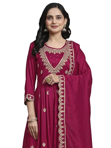 TRENDMALLS Damen Kunst Seide Pailletten Stickerei Kurta Palazzo Set mit Dupatta für Frauen, Dunkelrosa, L von TRENDMALLS