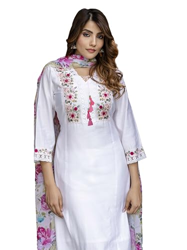 TRENDMALLS Damen Viskose Seide Stickerei A-Linie Kurta Hose Salwar Anzug Set Kurta Set für Frauen, weiß, 3XL von TRENDMALLS