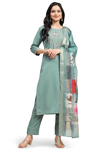 TRENDMALLS Kurta Set Damen Baumwolle Stickerei Handarbeit Salwar Anzug Set Kurta Hose mit Dupatta Hellgrün Kurta Set für Frauen, Hellgrün, XX-Large von TRENDMALLS