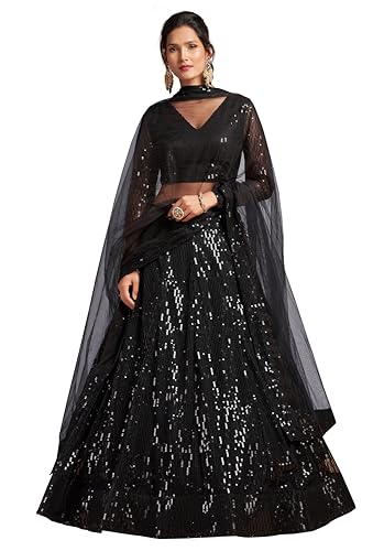 TRENDMALLS Damen Netz Stickerei Sequenz Arbeit Lehenga Choli mit Dupatta Ready To Wear, Schwarz, Einheitsgröße von TRENDMALLS
