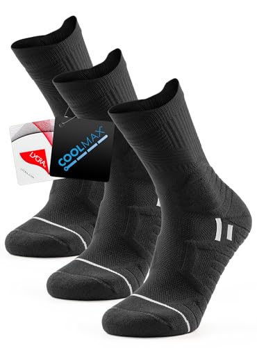 TRENDOUX Komfortabel Wandersocken Herren Damen, Atmungsaktive Laufsocken Mit Frotteesohle Multipack Männer Frauen, 3 Paar AntiBlasen Gepolsterte Crew Sportsocken Schwarz L 42-44 45-47 46-48 von TRENDOUX