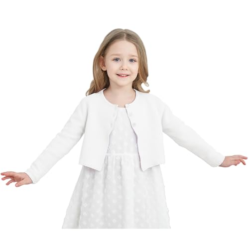 TRENDSTITCH Mädchen Langarm Strick-Bolero-Cardigan Kinder Knopfverschluss Shrug Sweaters Cropped Jacke Cover Up Tops, Ecru, 9-10 Jahre von TRENDSTITCH
