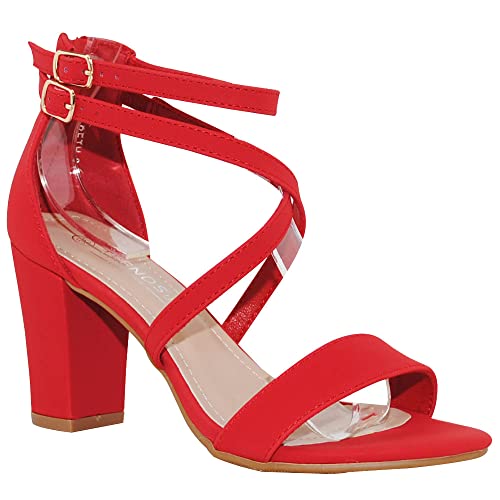 TRENDSUP Damen-Sandalen mit offenem Zehenbereich, Knöchelriemen, hoher Absatz, Sandalen, Rot/Ausflug, einfarbig (Getaway Solids), 38.5 EU von TRENDSUP