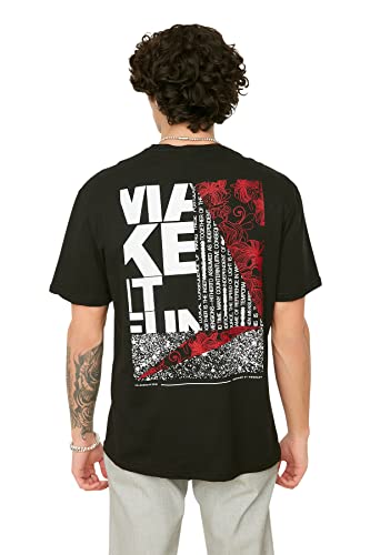 Trendyol Men's Männer Rücken Bedruckt Übergroße T-Shirt, Schwarz, S von TRENDYOL