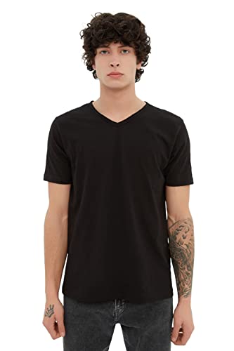 Trendyol Men's V-Ausschnitt Unifarben Regular T-Shirt, Black, X-Large von TRENDYOL