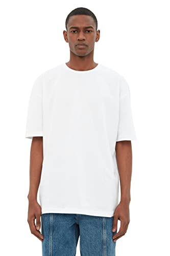 TRENDYOL Herren Männliche Basic 100% Baumwolle Entspannte Passform Bike Collar Kurzarm T-shirt T-Shirt Western, Weiß, S von TRENDYOL
